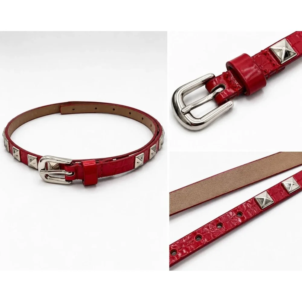 Red VTG Pyramid Studded Skinny Belt Medium Faux Leather 36